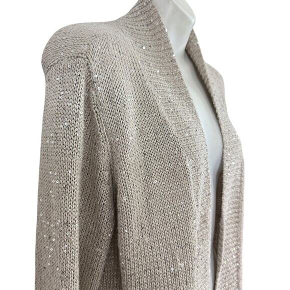 Chicos Womens Beige Sequin Silver Gold Open Cardigan Cotton Blend Sweater 2/ L - Picture 4 of 16